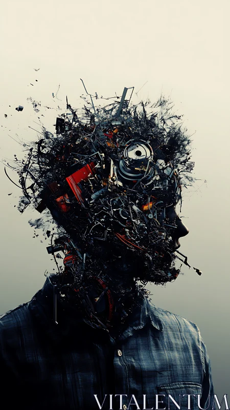 Fragmented cyborg silhouette bursting with wired chaos.