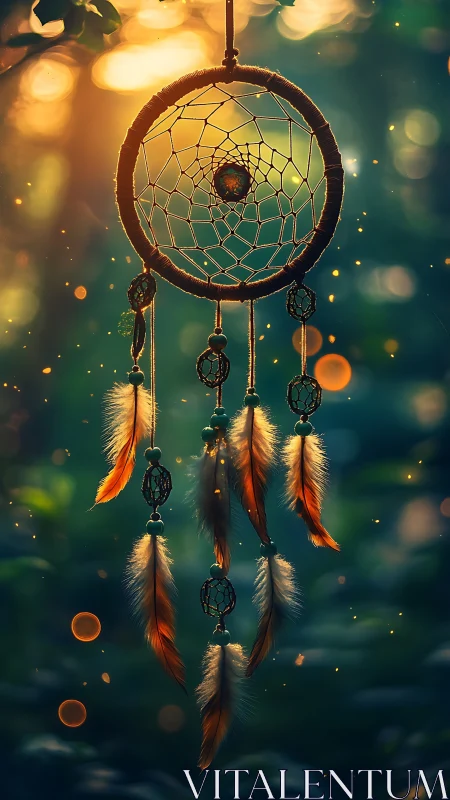 Dreamcatcher in golden forest bokeh at sunset glow.