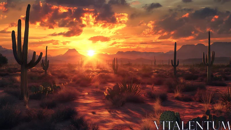 Sunlit desert cacti glow beneath a blazing orange sunset.