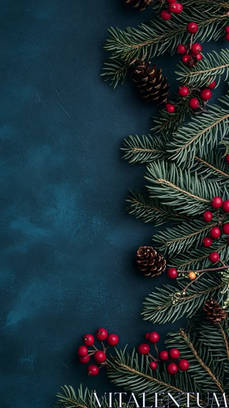 Evergreen conifer sprigs with berries on matte teal ground.