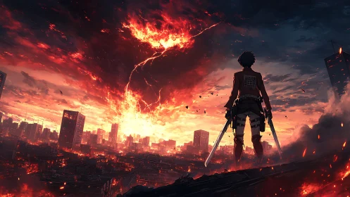 Lone bladebearer watching the sky crack open in firestorm.