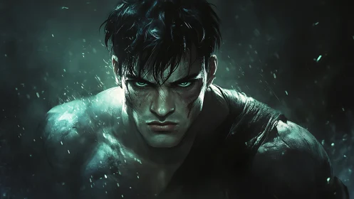 Brooding warrior emerges through teal shards of darkness.
