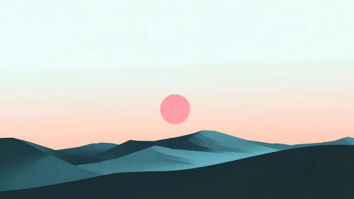 Minimalist pastel landscape with sun over blue hills.
