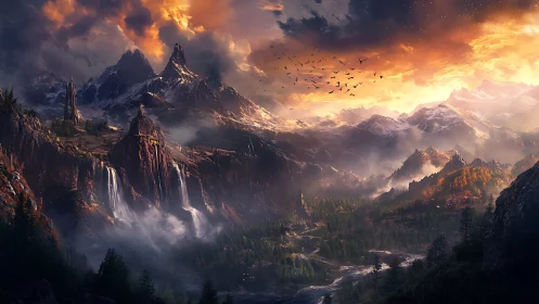 Epic fantasy mountain range with waterfalls and blazing sky.