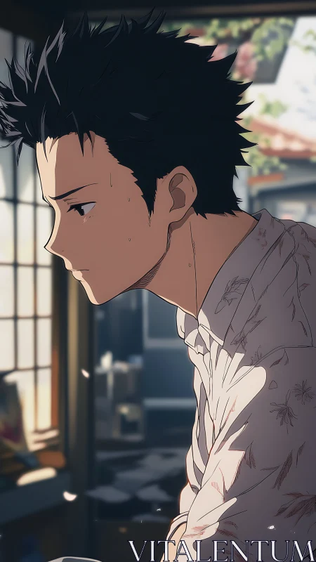 Summer light leans on a quiet boy lost in drifting thoughts