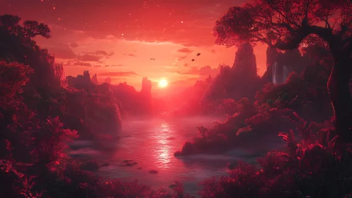 Crimson bioluminescent river valley at atmospheric red sunset