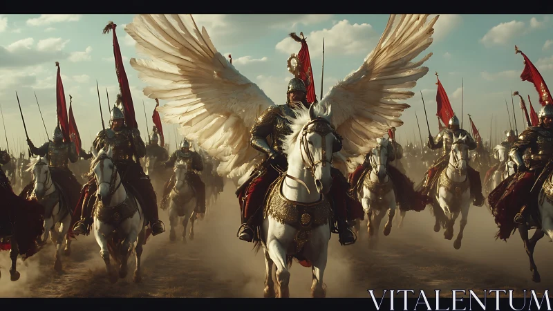 Winged heavy cavalry charge across dusty battlefield.