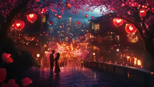 Romantic Couple in Glowing Heart-Shaped Lanterns City Street