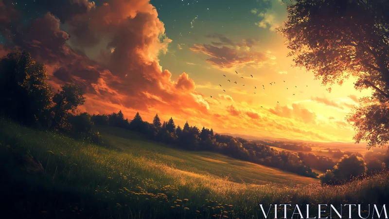 Sunlit hillside landscape under expansive clouded sky.