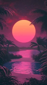 Palm-lined tropical inlet under oversized neon sun at dusk.