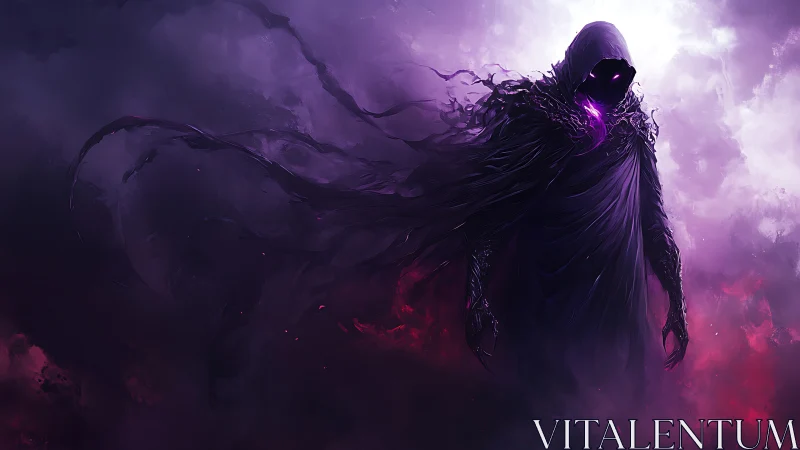 Hooded shadow figure in purple smoke-filled environment.