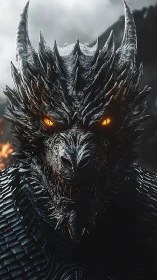 Armored black dragon stares forward with burning golden eyes