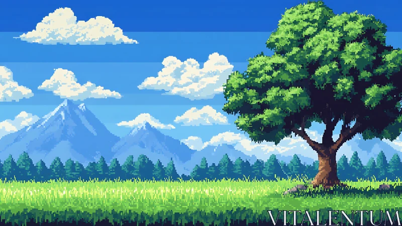 Pixel art landscape renders lone tree against alpine horizon