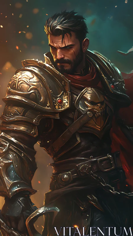 Armored warrior in ornate metal plate stands in profile