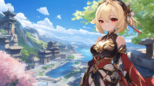 Sunlit warrior girl above a tranquil riverside kingdom.