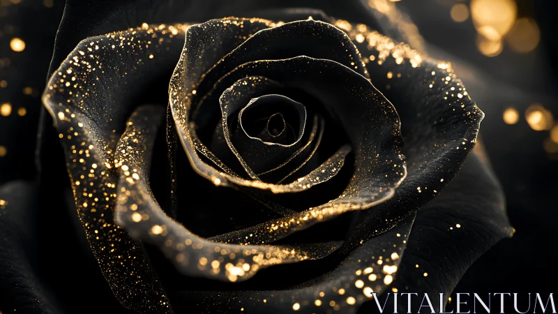 Close-up view shows black rose petals with metallic gold dust