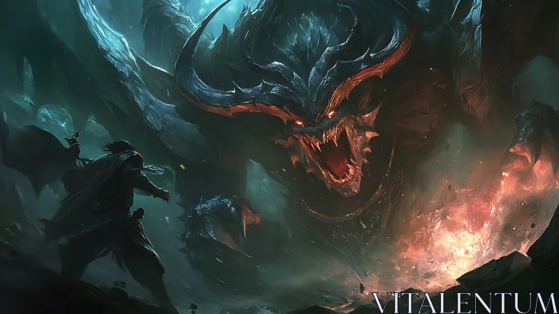 Warrior confronts colossal demon in blazing cavern inferno