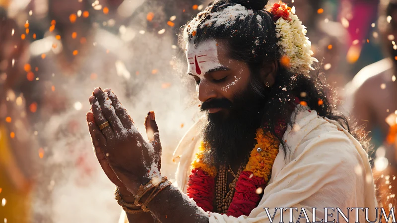 Sacred devotee in flowered garland amid drifting ritual ash.