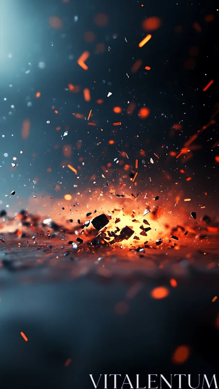 Explosive Impact with Fiery Debris Flying Through Dark Sky