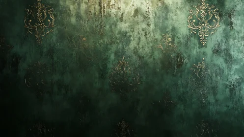 Ornate emerald wall texture shows aged gilded damask pattern