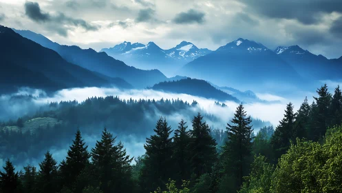 Layered conifer forest with low clouds and distant peaks.