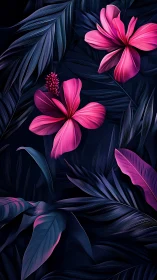 Neon Floral Composition with Magenta Blooms Against Dark Foliage.