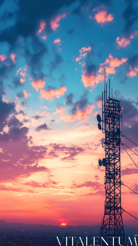 Cell tower rises against vibrant pink and blue sunset sky