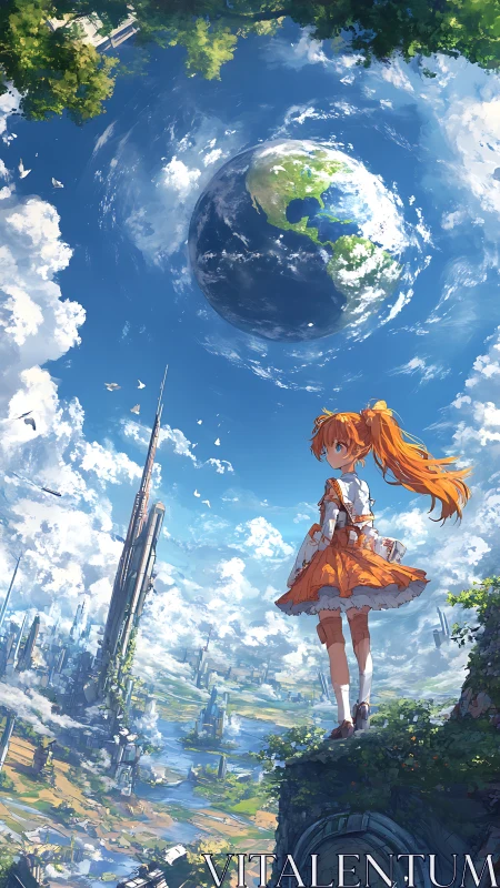 Orbital Earth vista with orange-clad girl over neo-futurist skyline