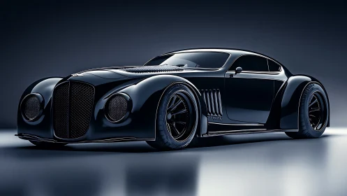 Streamlined black retro-futuristic coupe rendered in studio