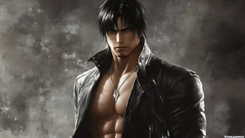 Male figure in leather jacket against textured backdrop.