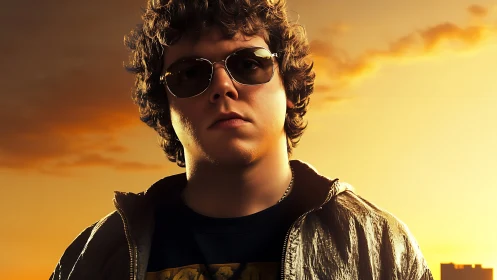 Confident young man stands against a glowing sunset sky