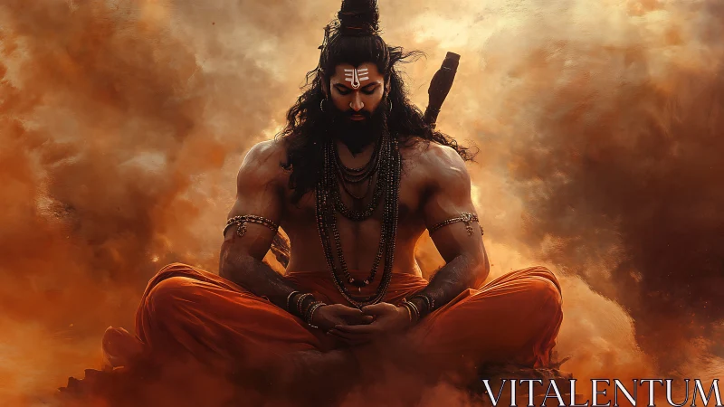 Meditating warrior sage in blazing saffron storm glow.