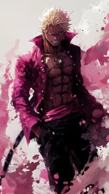 Intense anime swordsman in pink coat strides forward.