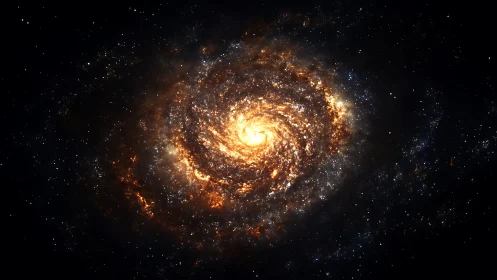 Spiral galaxy core glowing with dense golden star clouds.