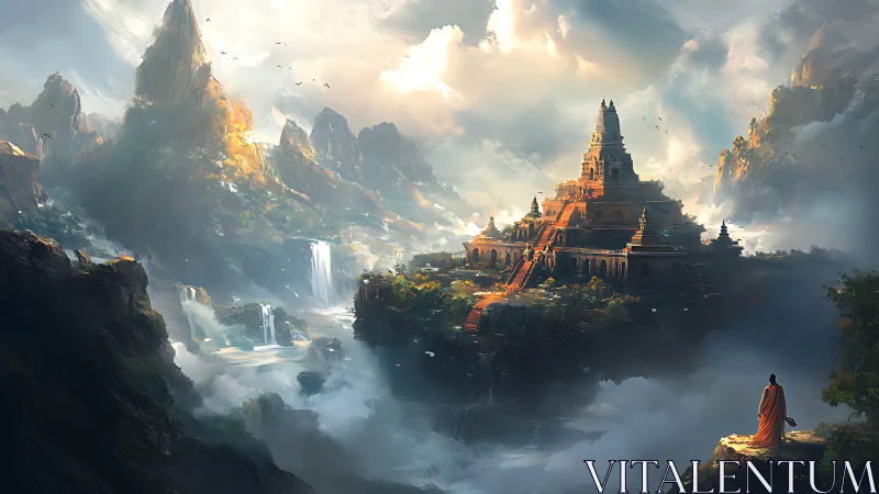 Monk observing grand mountain temple in misty valley.