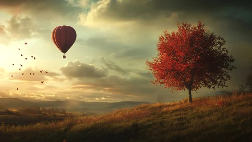 Red balloon and autumn tree over golden sunset valley.
