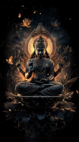 Seated multi-armed deity figure is rendered in luminous relief