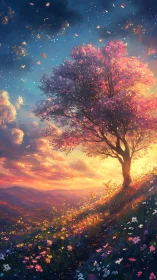 Twilight blossoms glow softly around a lone dreamer tree