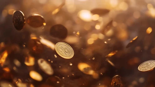 Volumetric cascade of golden coins in shallow depth blur field.
