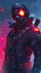 Neon-eyed cyber scout standing calm in a storm of sparks.