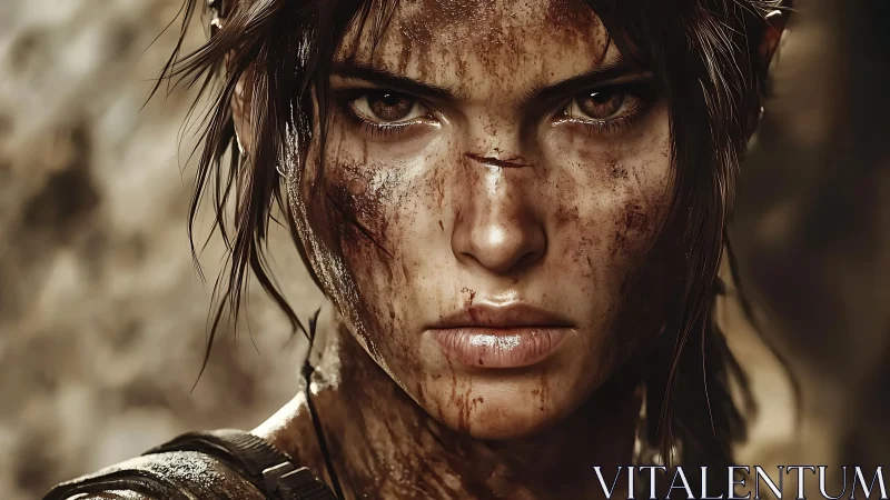 Battle-worn female adventurer close-up, cinematic grit portrait