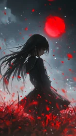Silhouetted anime girl under blood-red moon in drifting petals