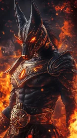 Mythic jackal war-god rises in armor amid blazing firestorm.