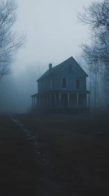 Two-story derelict farmhouse in dense blue dawn foggy woodland