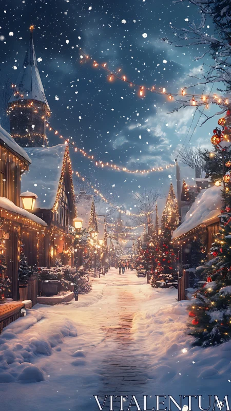 Snowlit village street shimmers under enchanted yuletide glow.