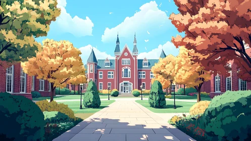 Golden campus courtyard welcomes students beneath bright skies