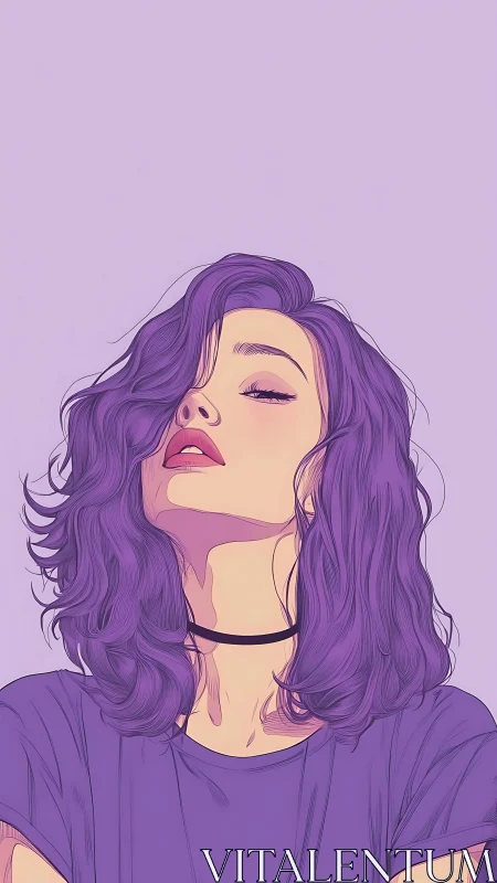 Purple haired woman tilts head in stylized minimal portrait