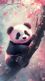 Baby panda clings to cherry tree in soft pink light.