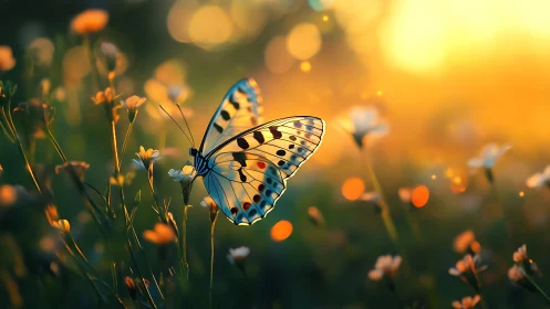 Butterfly rests on wildflowers in strongly backlit meadow