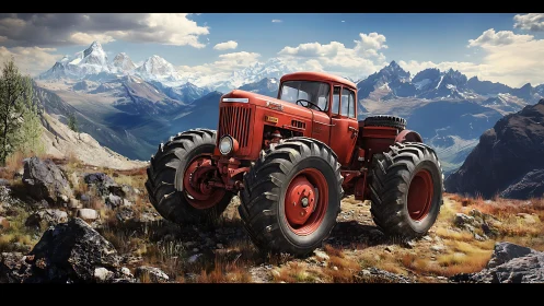 Mountain-giant red tractor prowls rugged alpine skyline.
